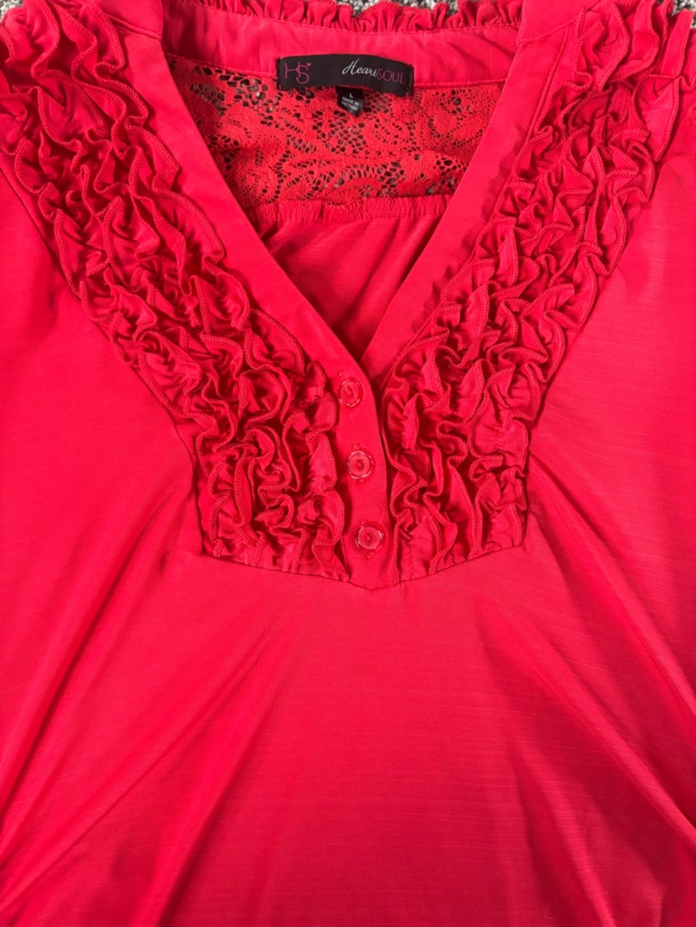 HeartSoul Red Ruffle V-Neck Lace-Back Blouse - Picture 3 of 4